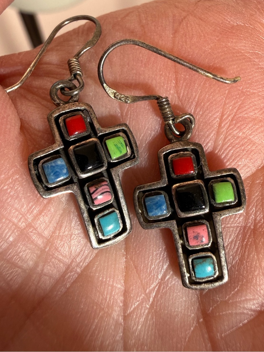 Vintage Native American Herman Smith Sterling Turquoise mosaic Cross earrings